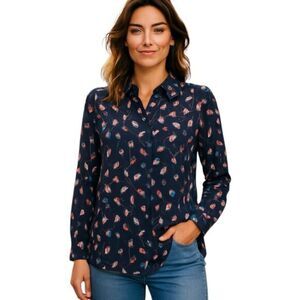 James Kenrob by Dalton Size 8 Black Floral Print Blouse Collar Button-up Cuffs